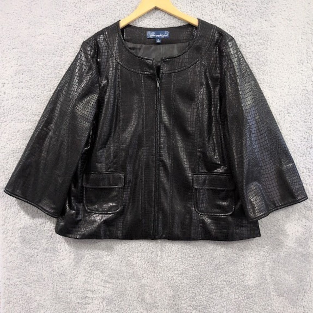 Susan Graver Style Jacket Women's XL Black Faux Leather Croc Textured 3/4 Sleeve